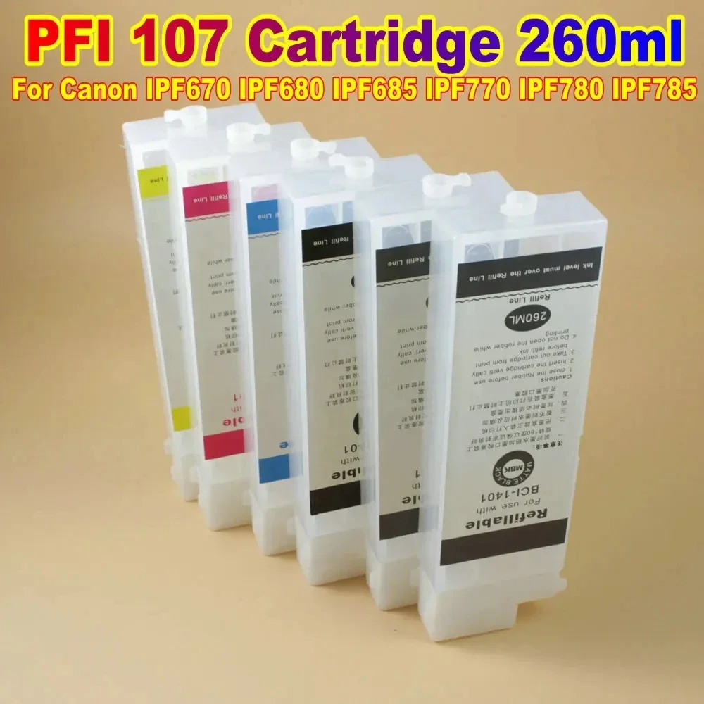 Cartuccia d'inchiostro vuota ricaricabile per stampante PFI 107 da 260 ml per Canon IPF670 IPF680 IPF685 IPF770 IPF780 IPF785 BK CMY MBK