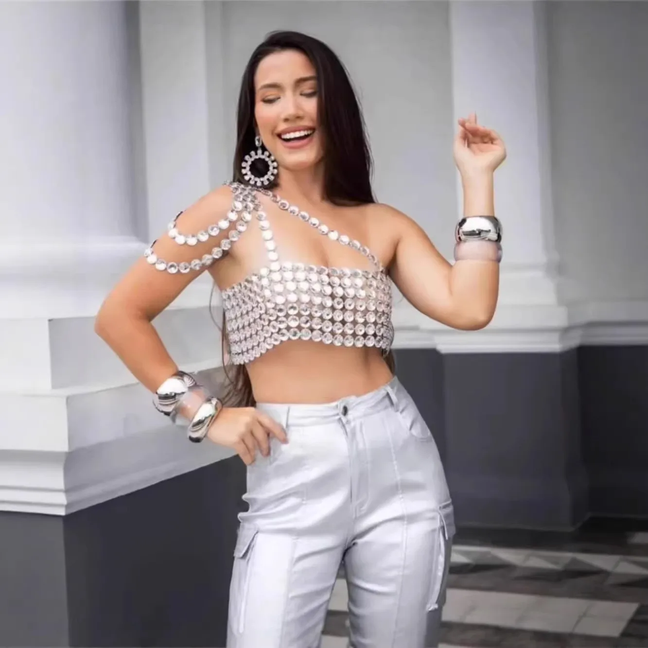 Sexy Heavy Work Vest Top Women's Transparent Diamond Glowing Short Length Fashionable Body Chain Tank Top Trendy Ins New Model