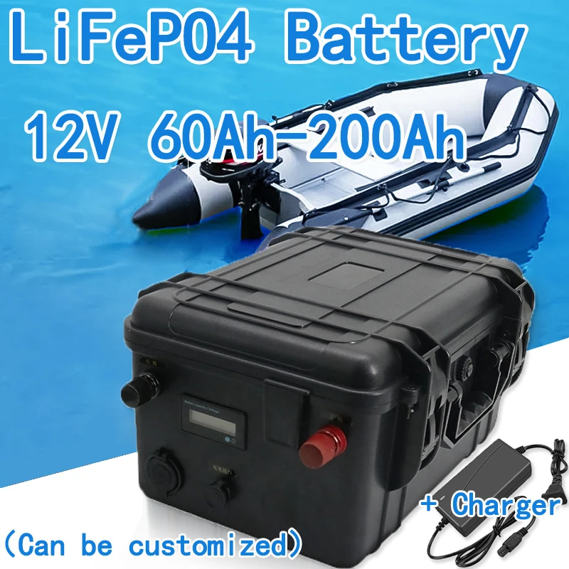 LiFePo4 12V 60AH/80AH/100AH/120AH/150AH/180/200AH Lithium Battery with bms for fish boat vehicle power supply +10A charger