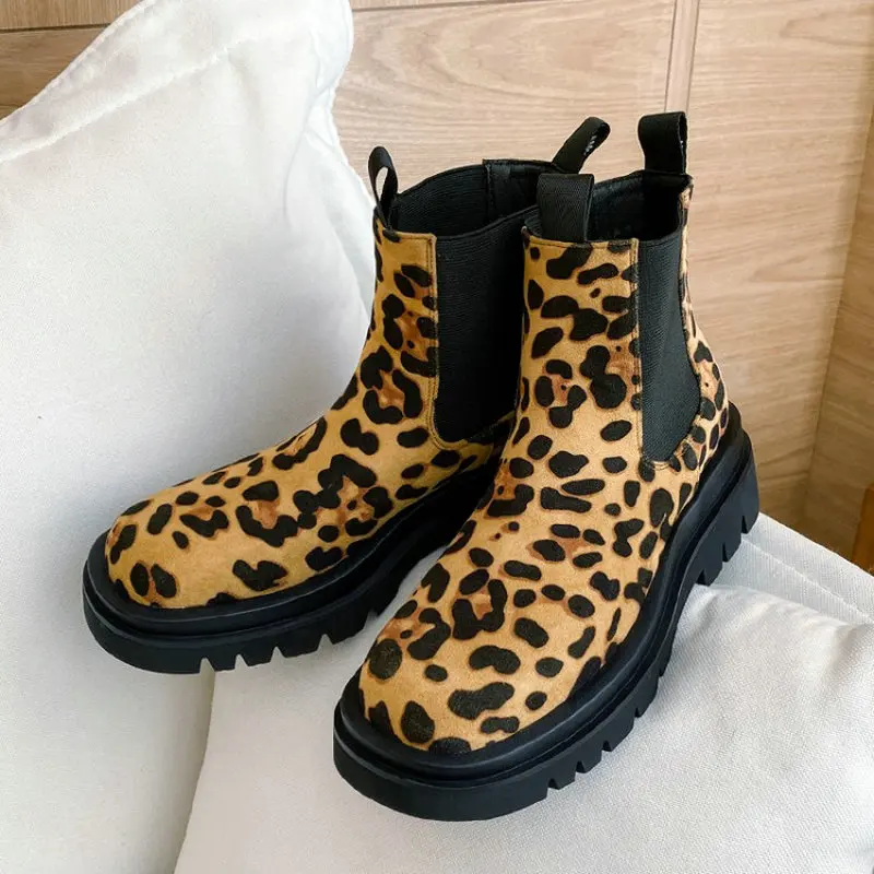 Sexy leopard gothic shoes stivaletti da donna platfom chunky heels antiscivolo slip-on scarpe invernali warm fleece chelsea boots lady