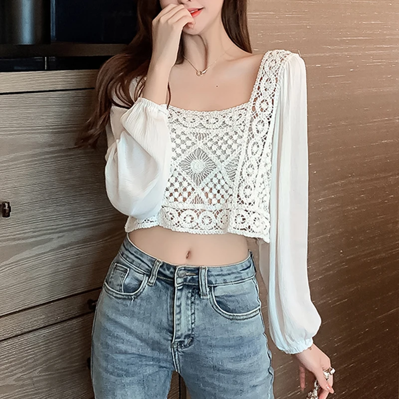 Boho Crochet Knit Blouse with Chiffon Sleeve Square Collar Shirts Sheer Tops Women Spring Summer Vacation Beach Wear