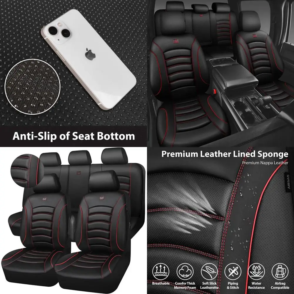 

Universal Waterproof Faux Nappa Leather Seat Covers for Cars, Trucks, SUVs - Airbag Compatible, Comfortable, Black & Red Full Se