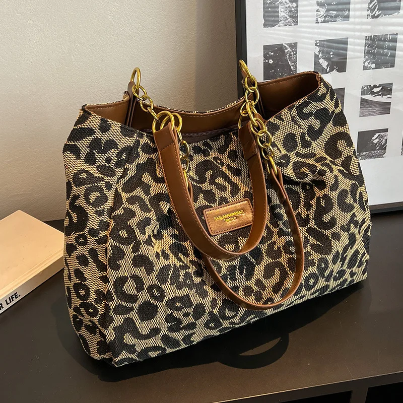 Borsa tote in tela con stampa leopardata, borsa a tracolla alla moda per donna, perfetta per la scuola, l\'ufficio e lo shopping