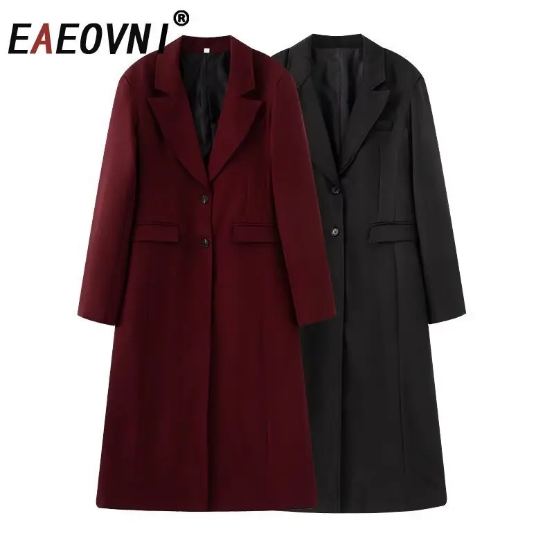 

EAEOVNI однотонный офисный женский длинный пиджак, пальто, женский модный пиджак с зубчатым воротником и длинными рукавами, верхняя одежда, новинка осени 2023 г.