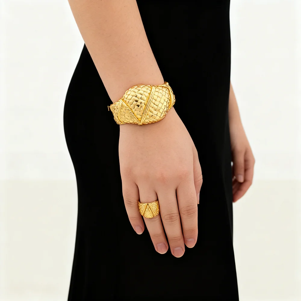 

dubai bracelet ring set for woman jewelry luxury Gold Color Cuff Bangles Female Luxury Jewelry Sets Jewellery Accessory