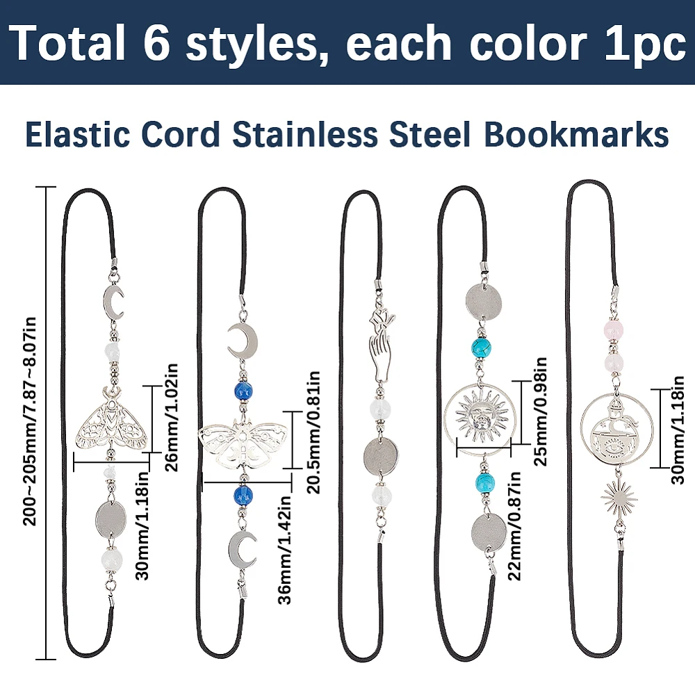 1 Box 6Pcs 6 Styles Elastic Bookmark Charm Book Marks Metal 304 Stainless Steel Polyester Silver Sun Moon Moth Beads Book Makers