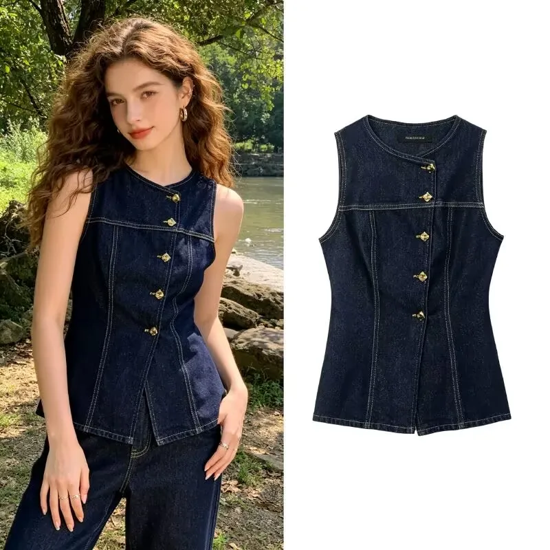 Chaleco Vaquero de Moda para Mujer, Corte Ajustado, Primavera 2026, Cuello Redondo, Sin Mangas, Prenda Exterior Femenina, Cierre de un Solo Botón, Chaleco Clásico