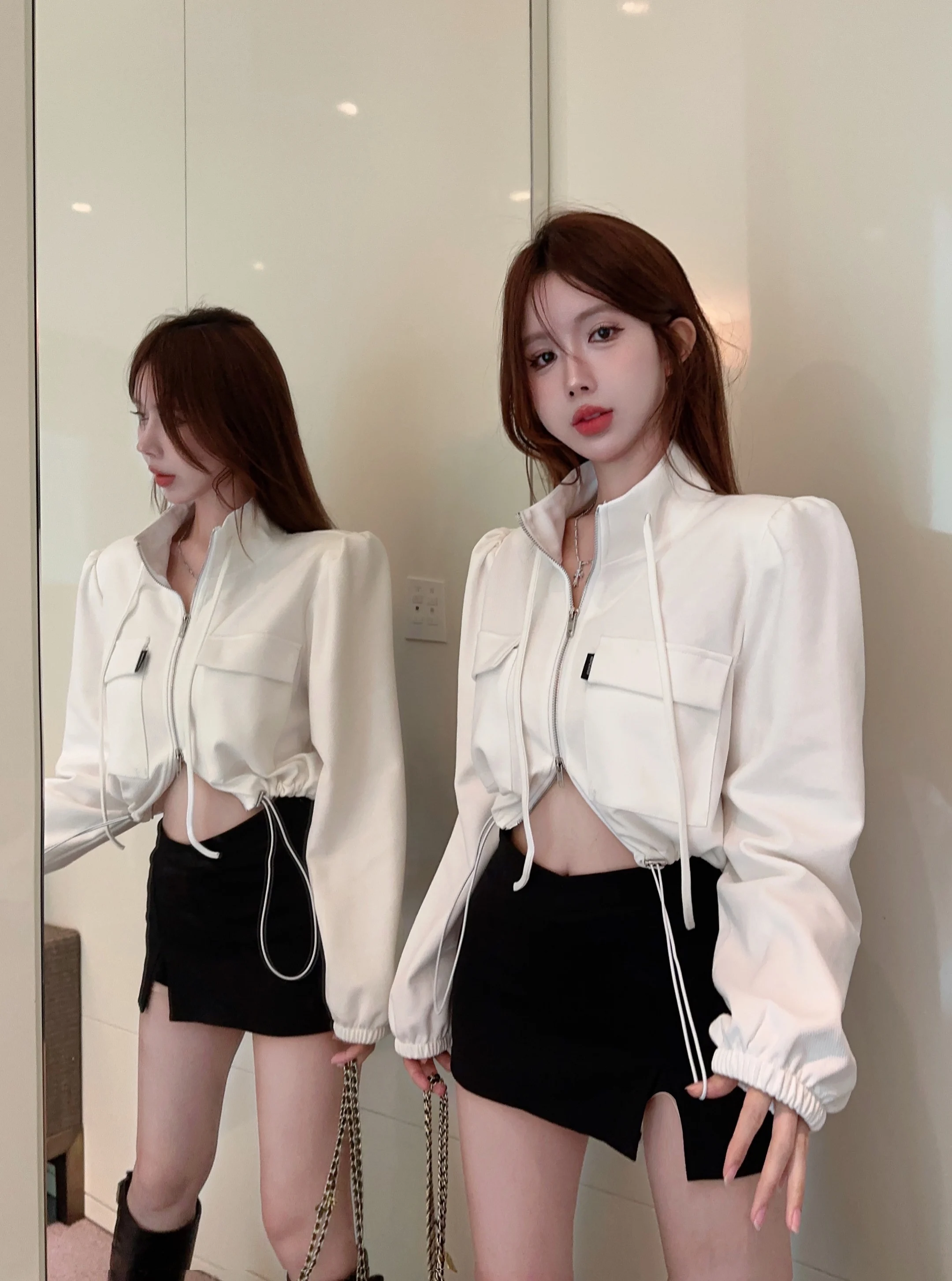 

Pure Color Stand Collar Double Zipper Long Sve ort Jaet Women's Sexy Casual Versatile Design Dstring Top for Autumn