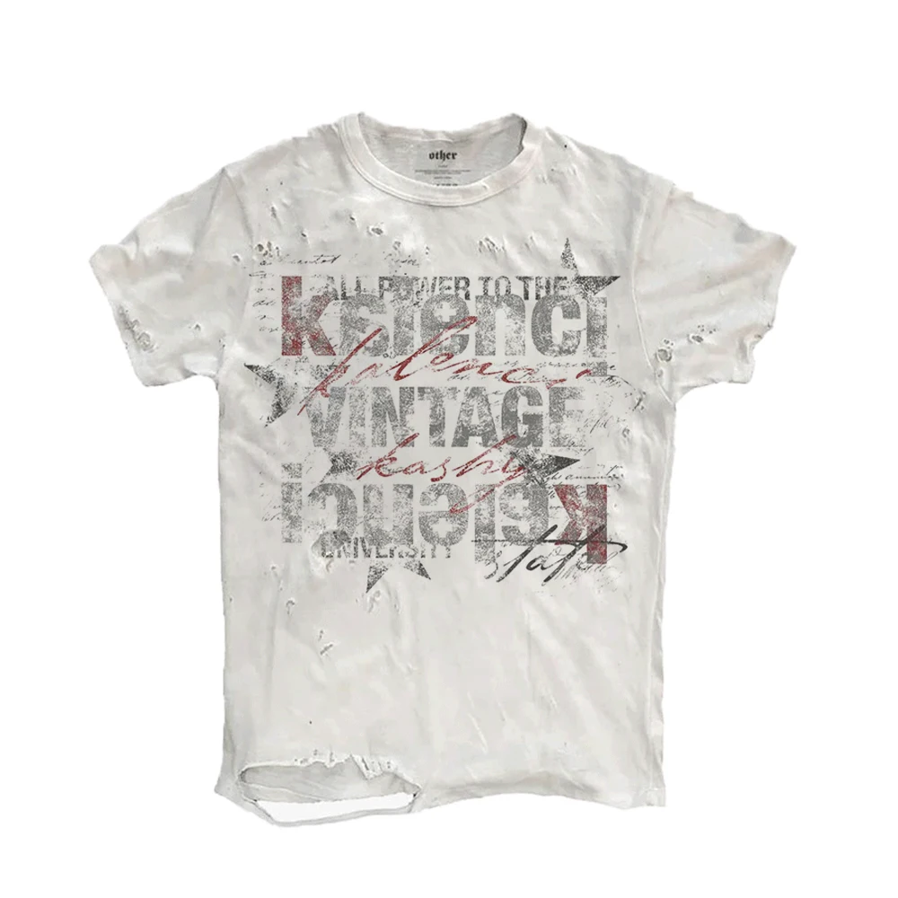Wang Studio High Street Wasteland Style Ripped Short Sleeve T-Shirt Punk Subculture High End Feeling Top Breathable Cotton Ca...