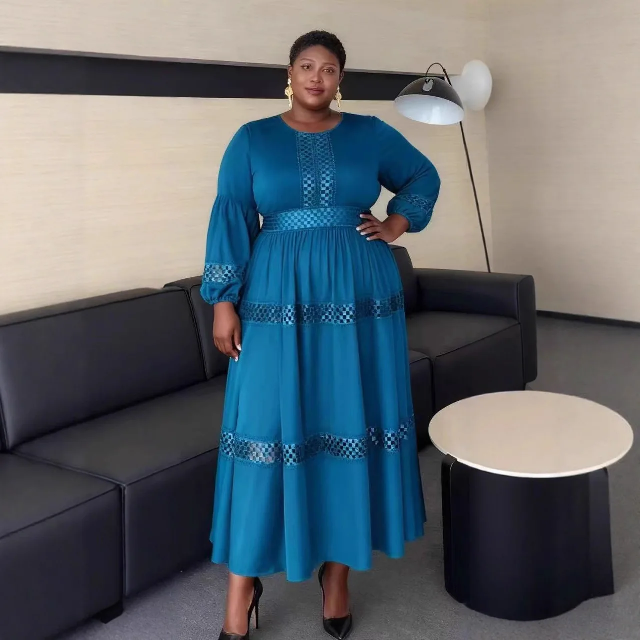 

Miyake Pleated Plus Size Women's Long Skirt Seaside Vacation Dress Three-quarter Sleeve Red Ethnic Style Travel All-match Dress