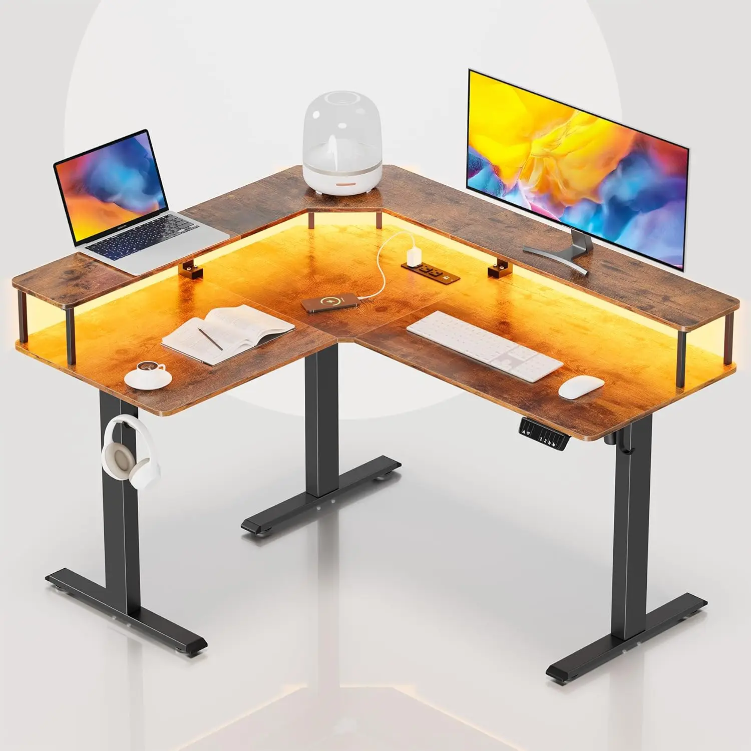 

L-shaped electric standing desk with adjustable height, LED light and power outlet, 55-inch computer desk with monitor riser