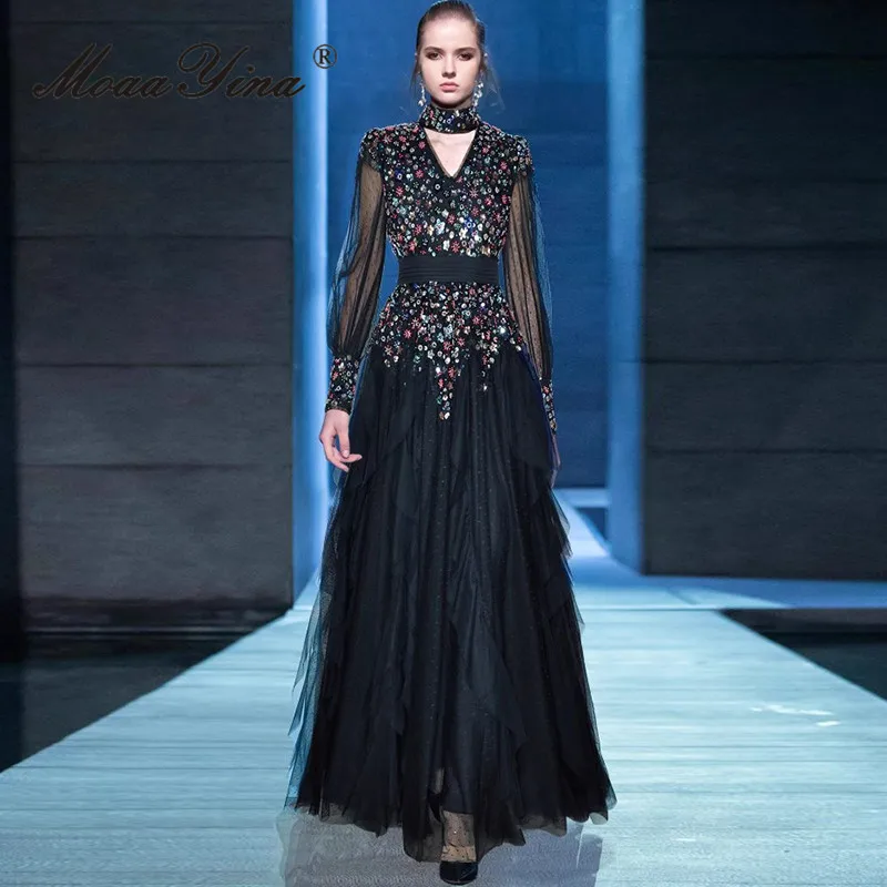 

MoaaYina women's elegant V-neck hanging neck sequin nail bead cinched waist ruffle party long dress with high-end design sense