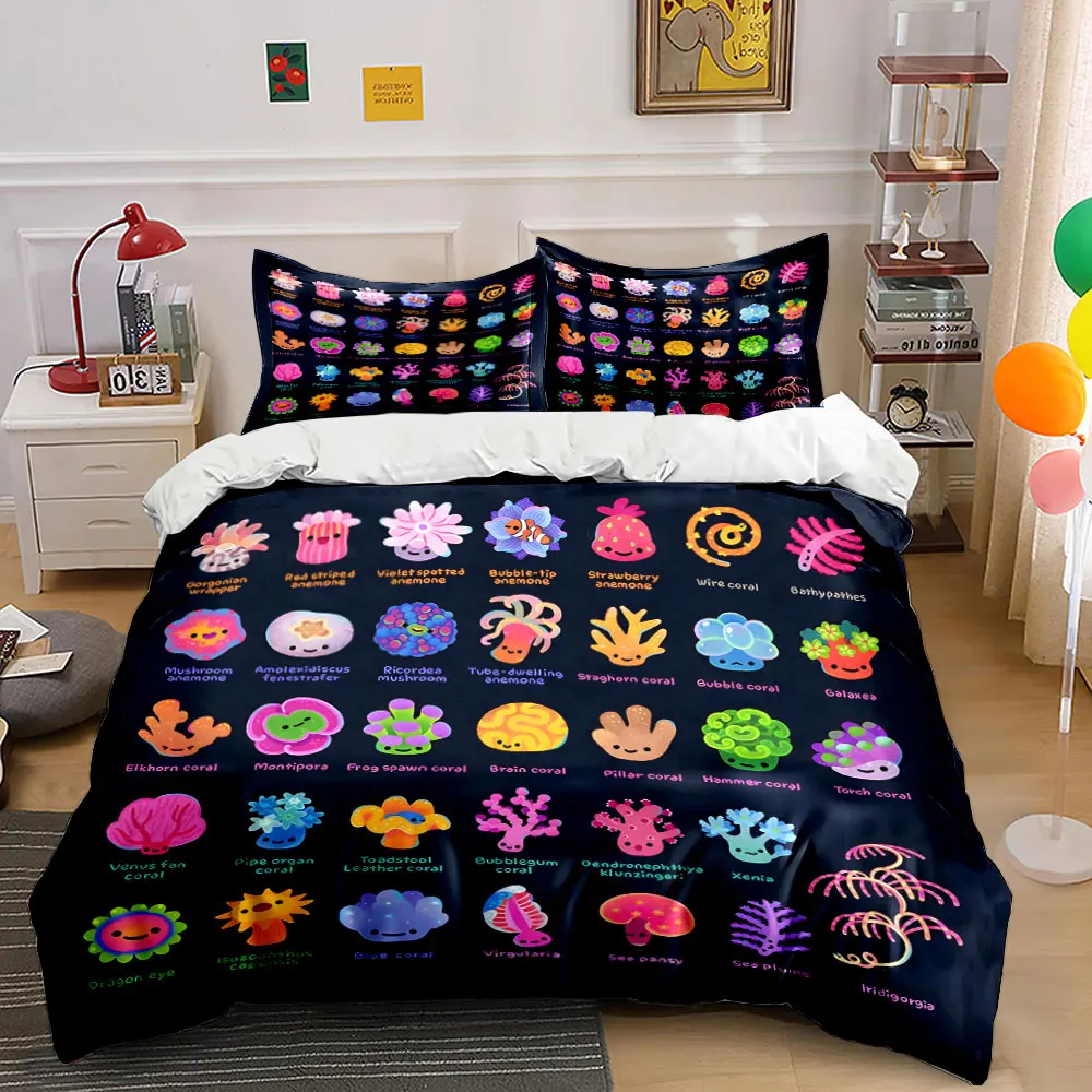 Cute colorful corals and anemones illustrations Print Bedding Set 1Duvet Cover 2Pillowcases for Adult and Children Luxury Gift