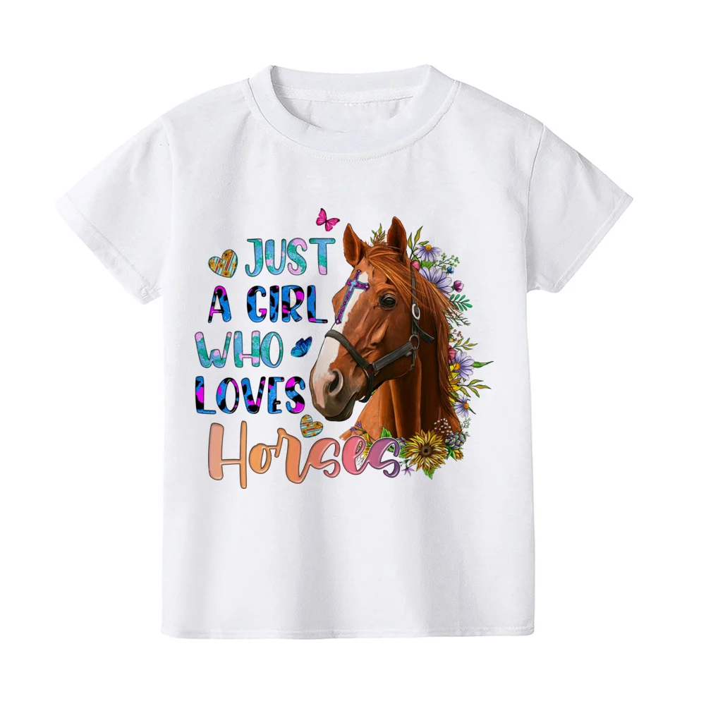 Camiseta con estampado de Just A Girl Who Loves Horses para niños, camisa de manga corta para niños pequeños, ropa bonita para niñas, regalo para