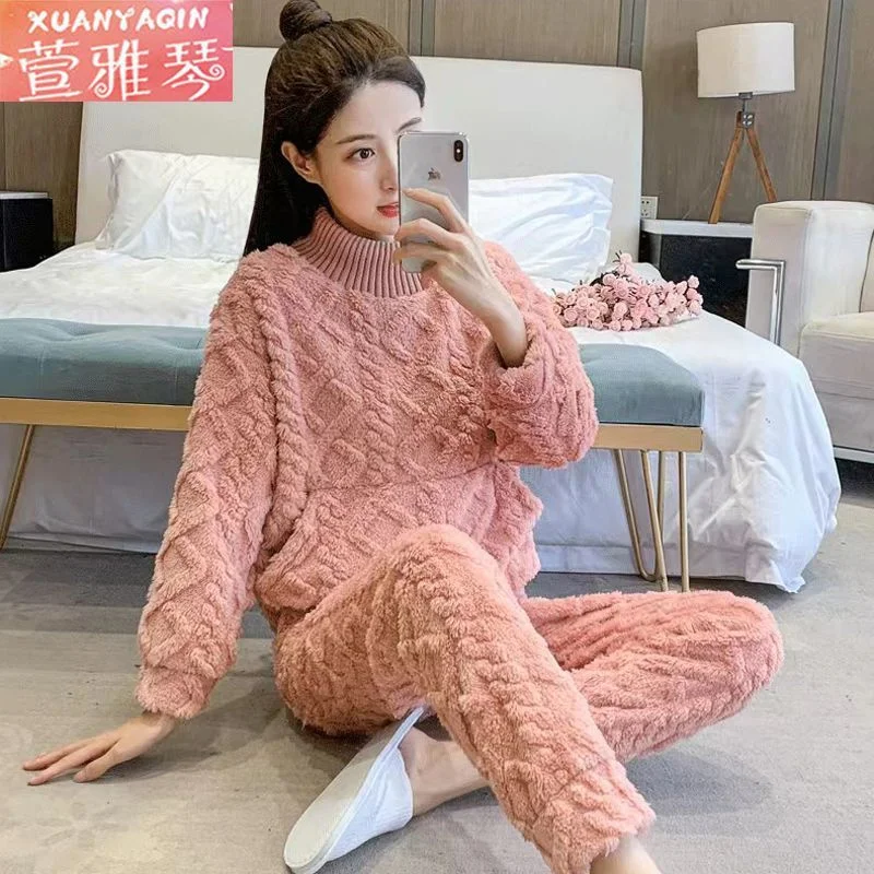 M-4XL Warm Sleepwear Women\'s Winter Coral Plush Casual Korean High Neck Pullover Thickened Outwear Set Women\'s Loose Home Sets