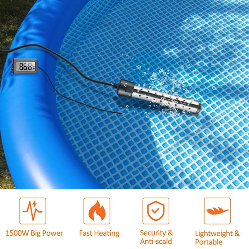 Immersion Water Heater,1500W Pool Heater With Switch Control,Bathtub Heater With Intelligent Temperature Control Us Plug