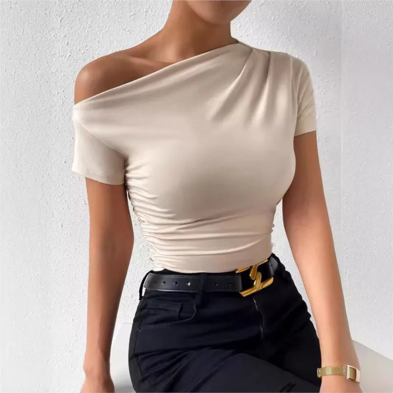 Polyester Slim Fit Pleated Irregular Short Sleeved Pullover T-shirt Top For Women Vetement Femme Tendance Camisetas Mujer Verano