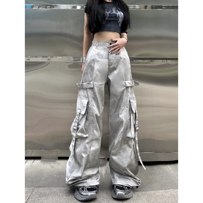Unisex Dirty Gray Cargo Pants Wide Leg Straight Cut Ribbon Trousers Designed for Hip Hop Jazz Dance and Casual Streetwear Looks