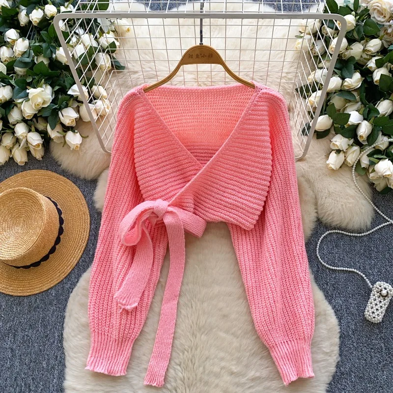 

Korean Simple Solid Color Knitted Sweater Coats Women Autumn Cross Collar Strap Short Fried Street Cardigan Hot Girl Women Tops