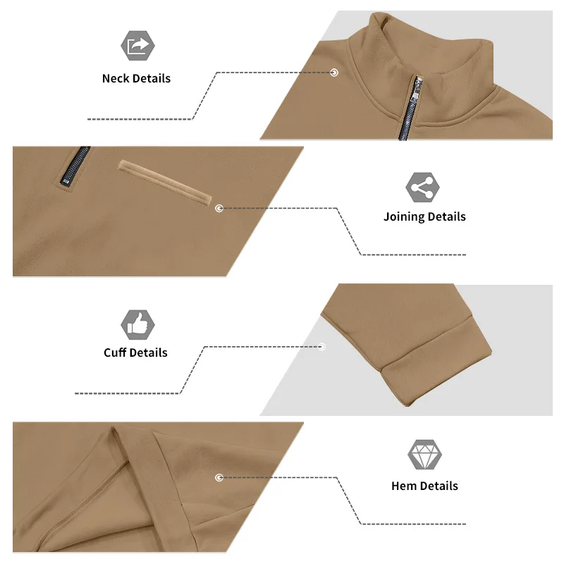 Amerikanischer Herbst- und Winter-Herrenpullover aus schwerem Fleece mit langen Ärmeln, halbem Reißverschluss, lockerem Schnitt und Stehkragen – Detail 37
