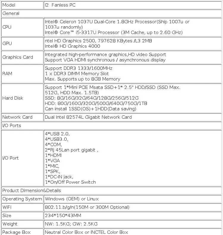 Fanless mini pc industrial computer with USB 3.0 4*COM HDMI Intel Celeron C1037U C1007U Core i5 3317U Windows 11 Linux