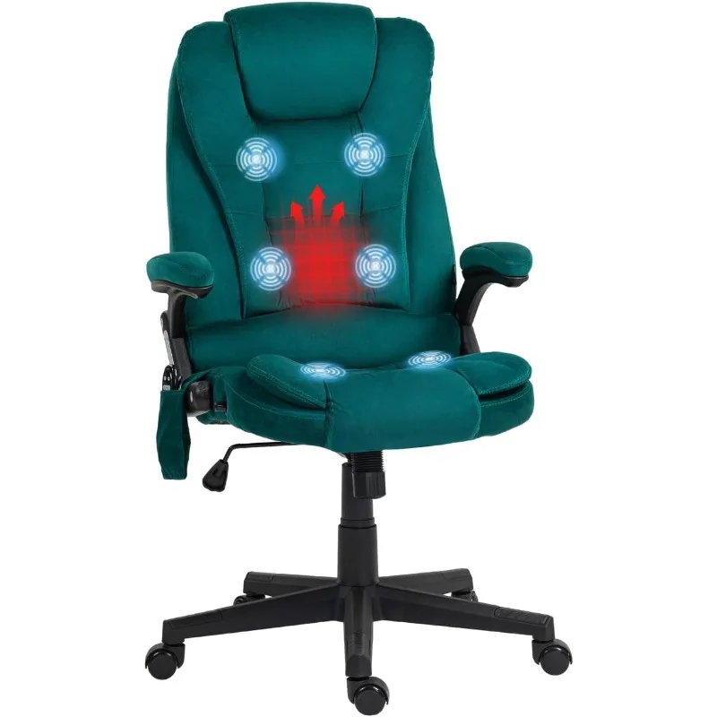 Office Chair with Heating，Ergonomic High-Back Office Chair with 6-Point Vibrating Massage and Heat, Polyester Velvet, Dark Green