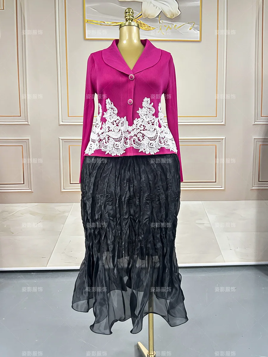 

2026 African Loose Women's Fashion Lapel Set Miyake Lace Splicing Pleated Skirt High Elastic Two-piece Set