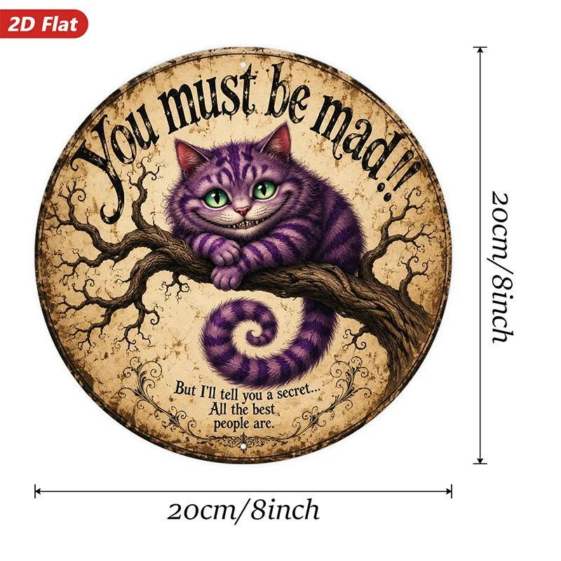 2D Flat, 1pc Purple Striped Cat Round Metal Sign Wall Art, You Must Be Mad Quote, Grinning Feline On Tree Branch, Home Decor