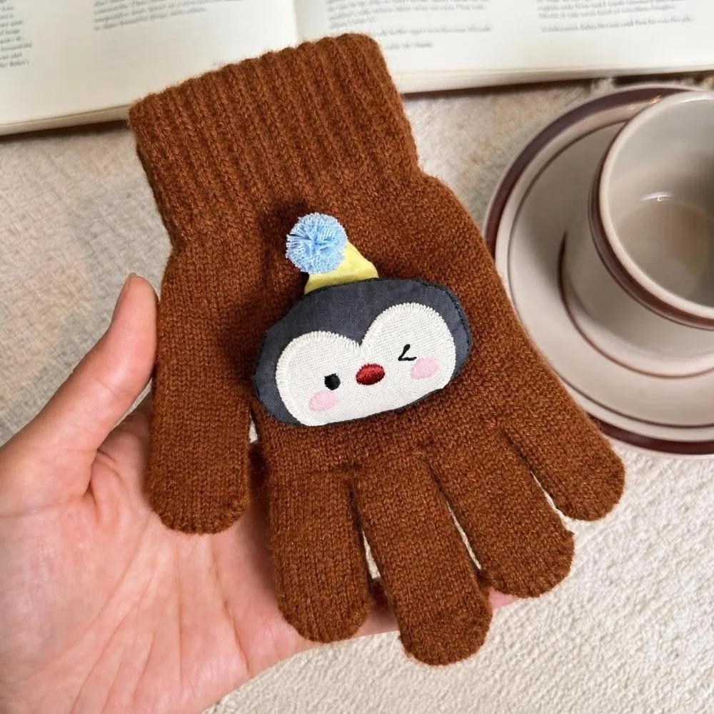 Stylish Cartoon Penguin Knitted Gloves Warm Lining Full Finger Thermal Gloves Cold Proof Winter Gloves for Kids
