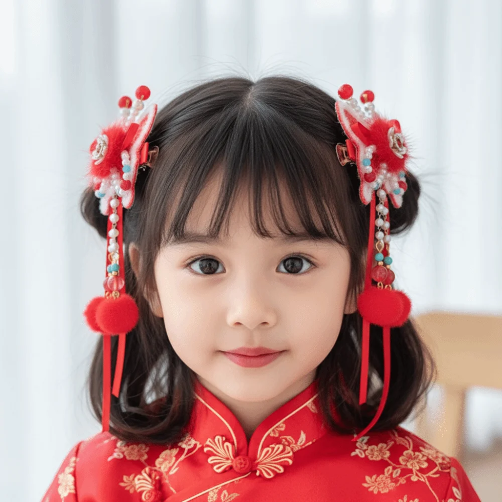 

Hanfu Headwear Children's New Year Hairpin Tang Suit Sweet Chinese Style Red Barrettes Tassel Cute Ancient Style Hair Clip Kids