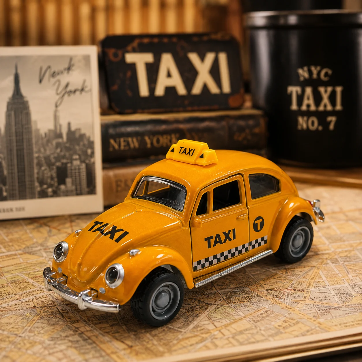 (Corrugated Box) Vintage Bug Style Taxi Toy Car, Powerful Spring, Metal Casting, the Best Gift.