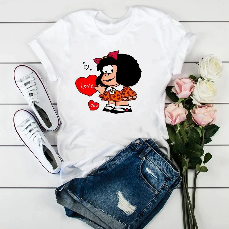 Cartoon Mafalda Graphic Print Tees Vintage Manga Girls Outfits Cute Theme T-Shirt Y2k Kawaii Clothes Women's Tops Streetwear