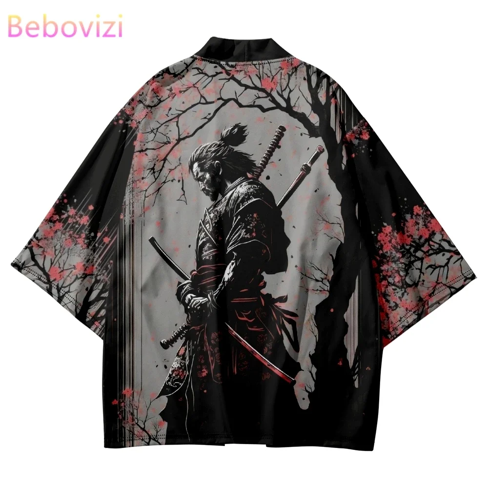 Oversized Cardigan Robe for Cosplay Streetwear Tops Summer Cat Samurai Print Men's Japanese Anime Haori Kimono