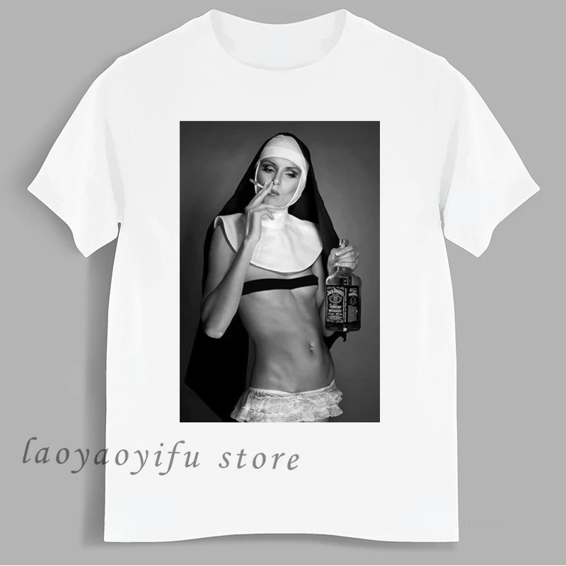 Nun Smoking Amp Drinking TShirt Bad Girls Popular Streetwear Women Men Harajuku Hip Hop Tops Oversized T Shirt  Retro T Shirt