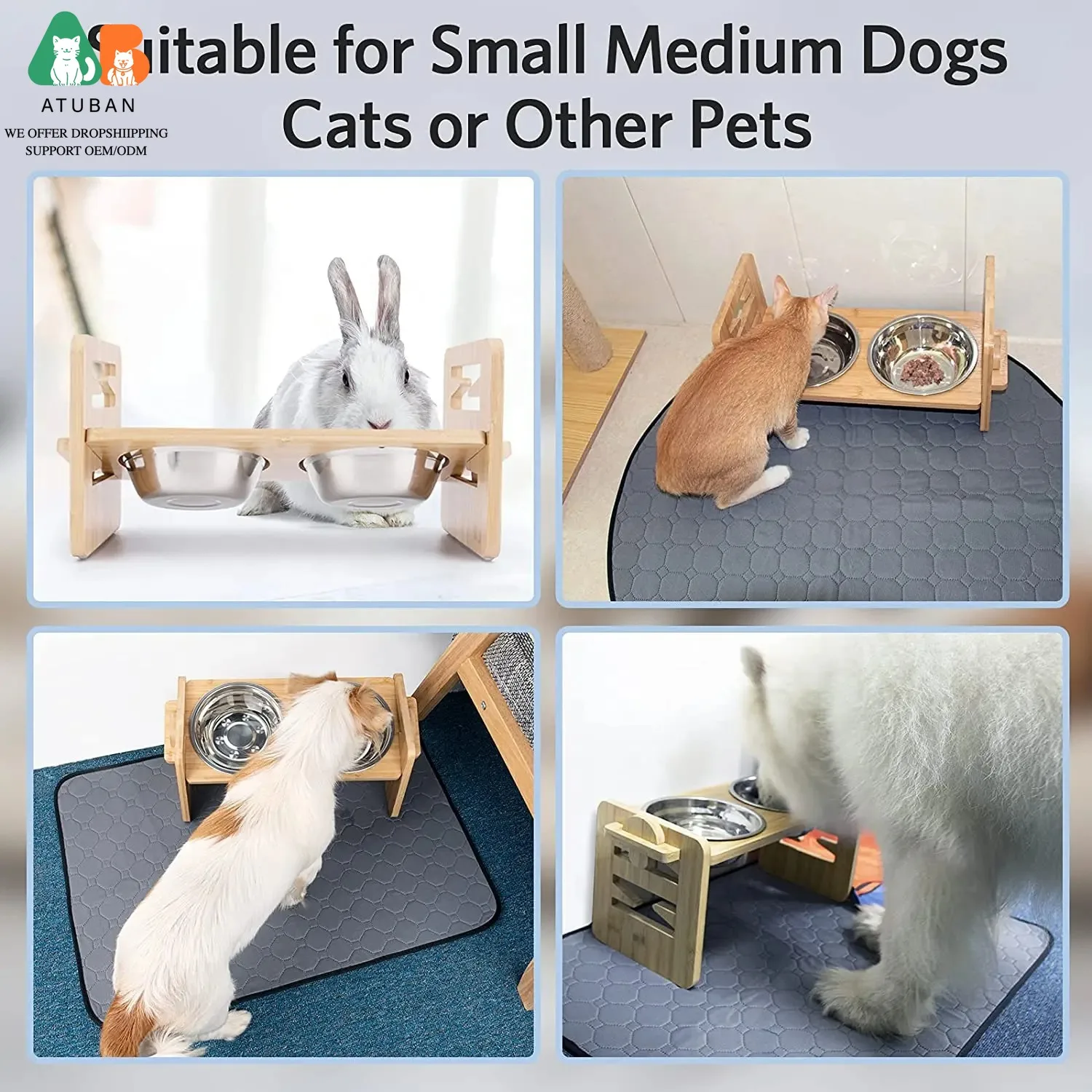 ATUBAN Bamboo Elevated Dog Bowls with Stand Adjustable Raised Puppy Cat Food Water Bowls Holder Rabbit Feeder for Pet Dog view 3