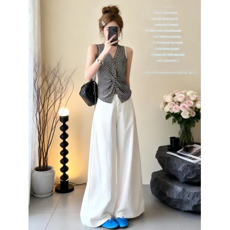 

Summer Plaid Sleeveless Vest And Wide Leg Pants Two Piece Set Women's Fashion Anti Aging Korean Style Breathable Polyester