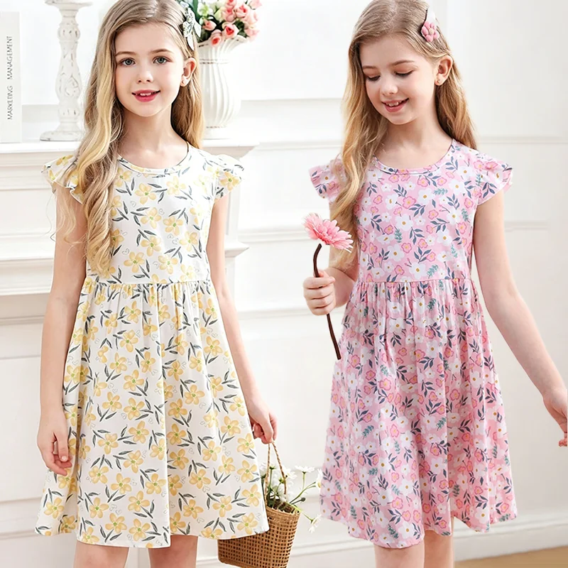 Girls Floral Princess Dress 3-14 Years Summer Cool Sweet A-Line Cotton Dresses Kids Fashion Flutter Sleeves Cartoon Print Skirt