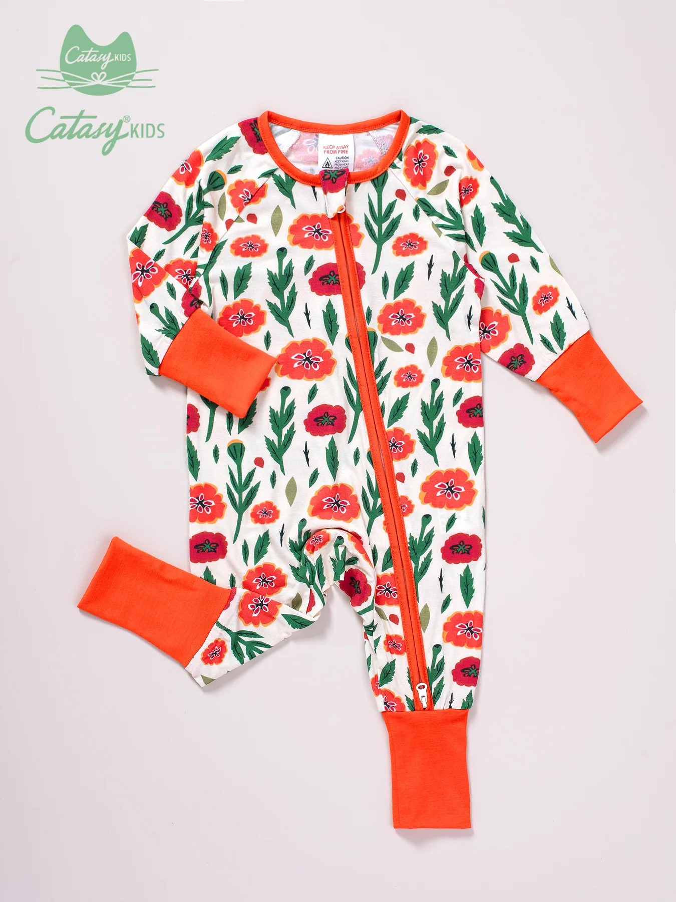 Baby Girls Bamboo Fabric Flower Print Long Sleeve Onesies, Convertible Foot Cover Zipper Onesies