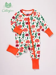 Baby Girls Bamboo Fabric Flower Print Long Sleeve Onesies, Convertible Foot Cover Zipper Onesies