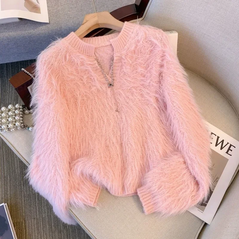 

This Year's Trend Luxury Fluffy Soft Mink Sweater Women Autumn Winter Long Sleeve Knit Pullover High-end Short Top Design Jumper