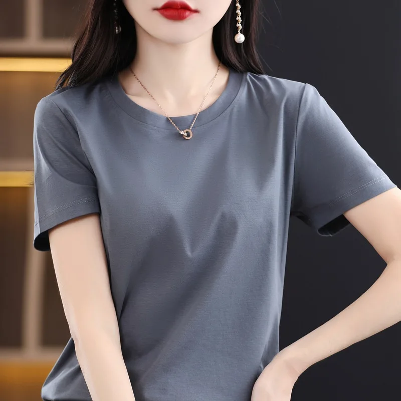 

Summer 100% Mercerized Cotton Women Silk T-shirts O Neck Short Sleeve Loose Straight Tops Simple Casual Tees For Minimalist