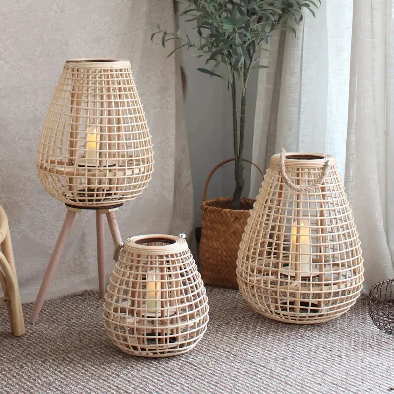 New Chinese Candlestick Rattan Homestay Courtyard Decoration Lantern Plug-in Floor-to-ceiling Wind Lamp with Legs Candle Holders