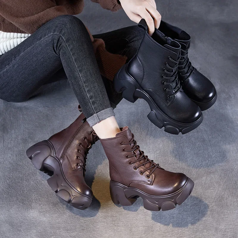 Botas de media pantorrilla con aumento de altura de 7CM para mujer, botas cálidas de piel auténtica con plataforma de tacón alto grueso para otoño e invierno, punta redonda