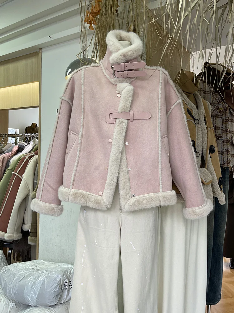 เสื้อแจ็คเก็ตมอเตอร์ไซค์ผู้หญิง ขนแกะสีชมพู รุ่นเล็ก สไตล์ฝรั่งเศส ผ้าฝ้ายผสมหนัง