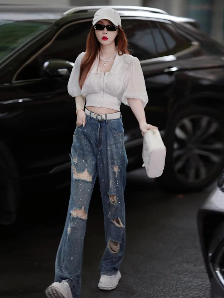 

Summer 2026 Fashionable Two-Piece Set Women's Denim Jeans with Zipper Pearl Embellished Hole Design Elegant Personality
