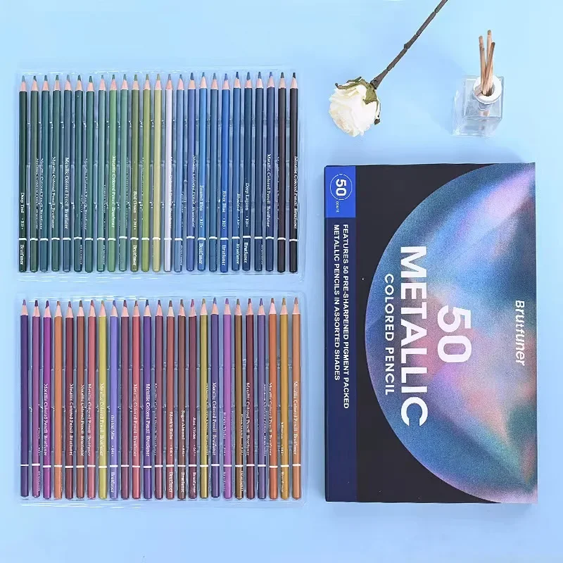 Brutfuner 50pcs Metallic Colored Pencil Set Paper Box Set Soft Sketch Painting Pencil Art School Supplies Artist Coloring Set