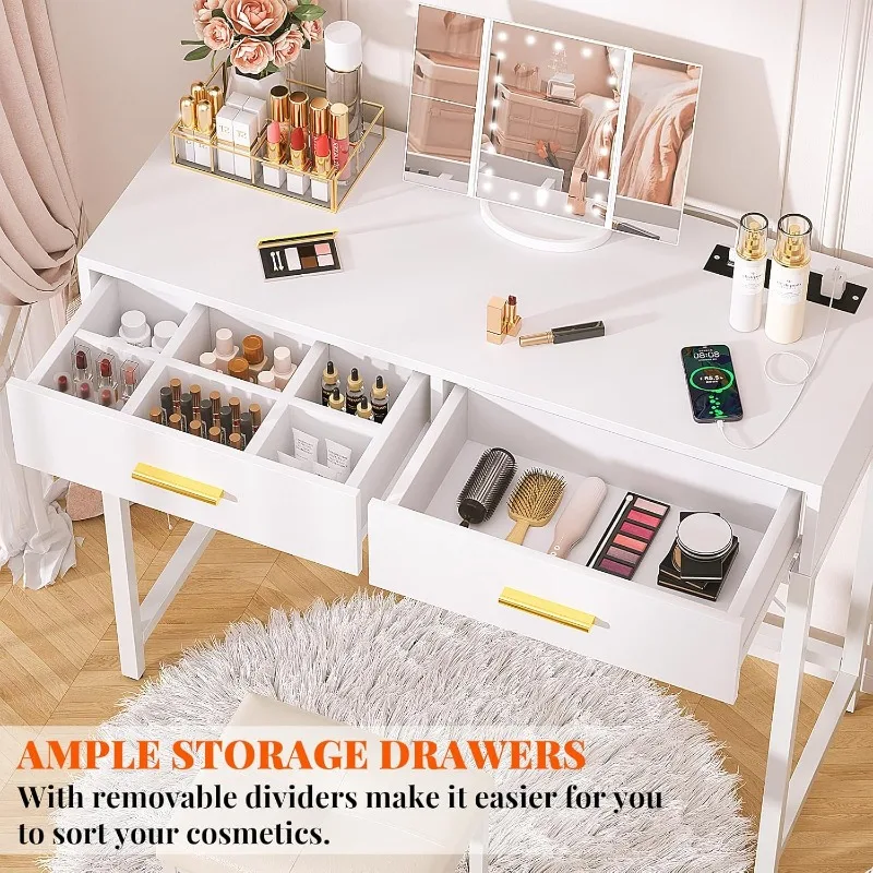 Vanity Desk with Charging Station, White Makeup with Lighted Mirror,Tri-Fold,Small Vanity Set with Drawers and 3 Outlets & 2 USB