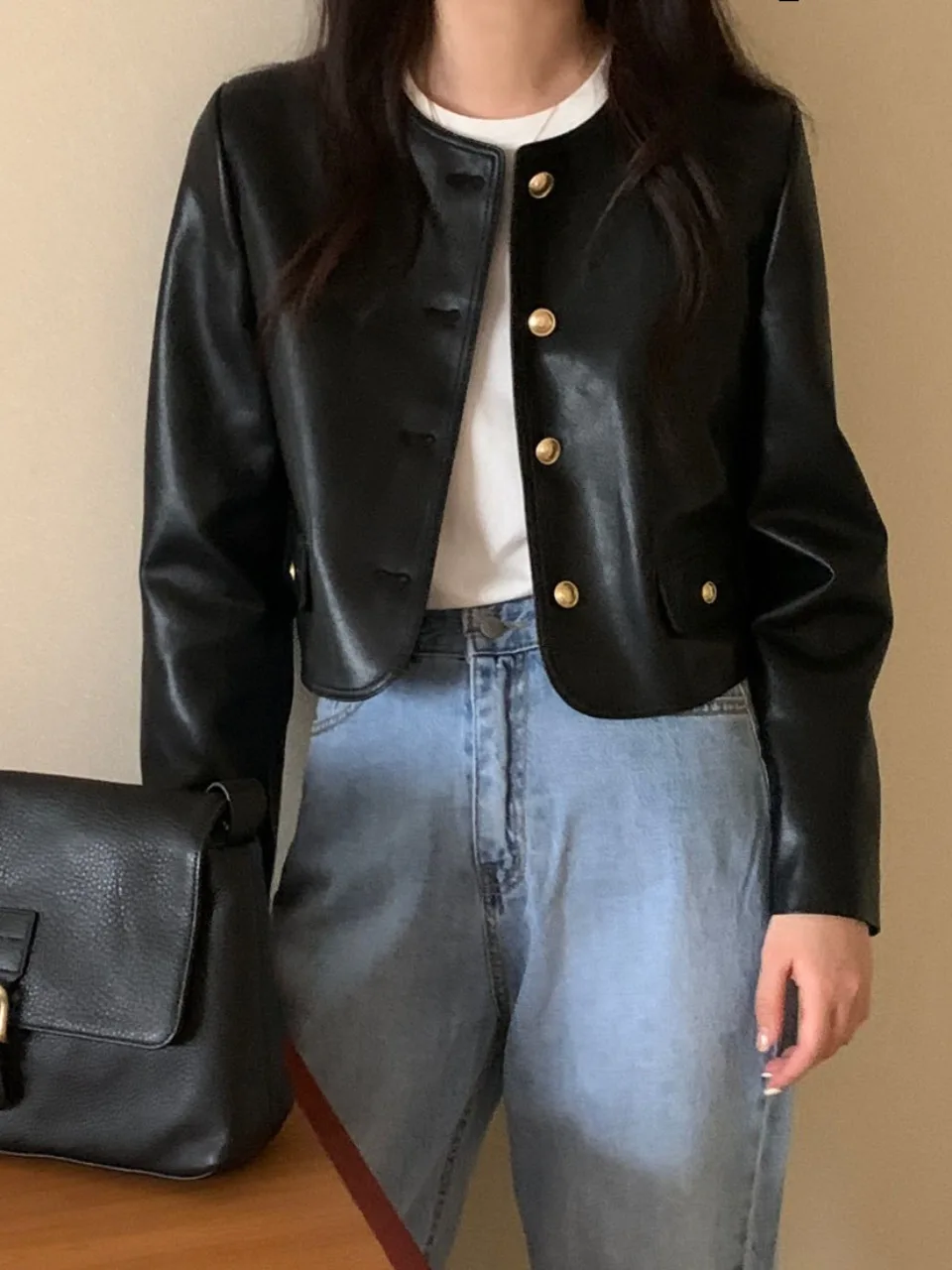 เสื้อโค้ทหนังทรงหลวมสไตล์วินเทจทรงกลม Ne Metal Single Button Loose Long Sve ort Jaet เสื้อผ้าแฟชั่นฤดูใบไม้ร่วงของผู้หญิง
