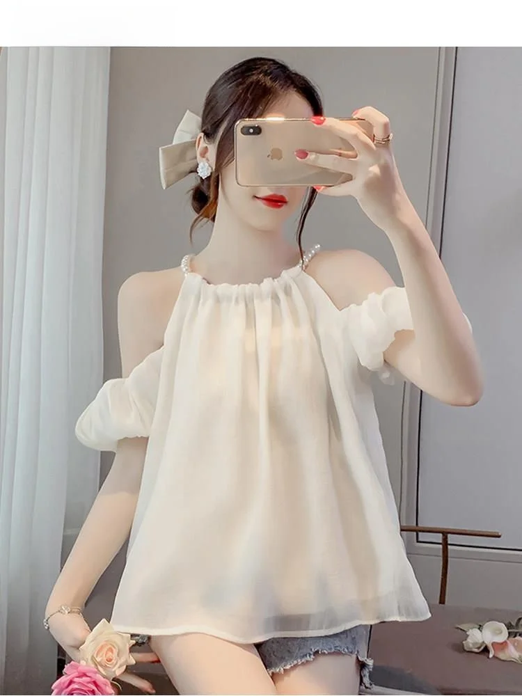 

Летнее платье-рубашка из шифона с жемчужным декором и открытыми плечами, с коротким рукавом, свободного кроя, с кружевными вставками, в стиле сказочного платья