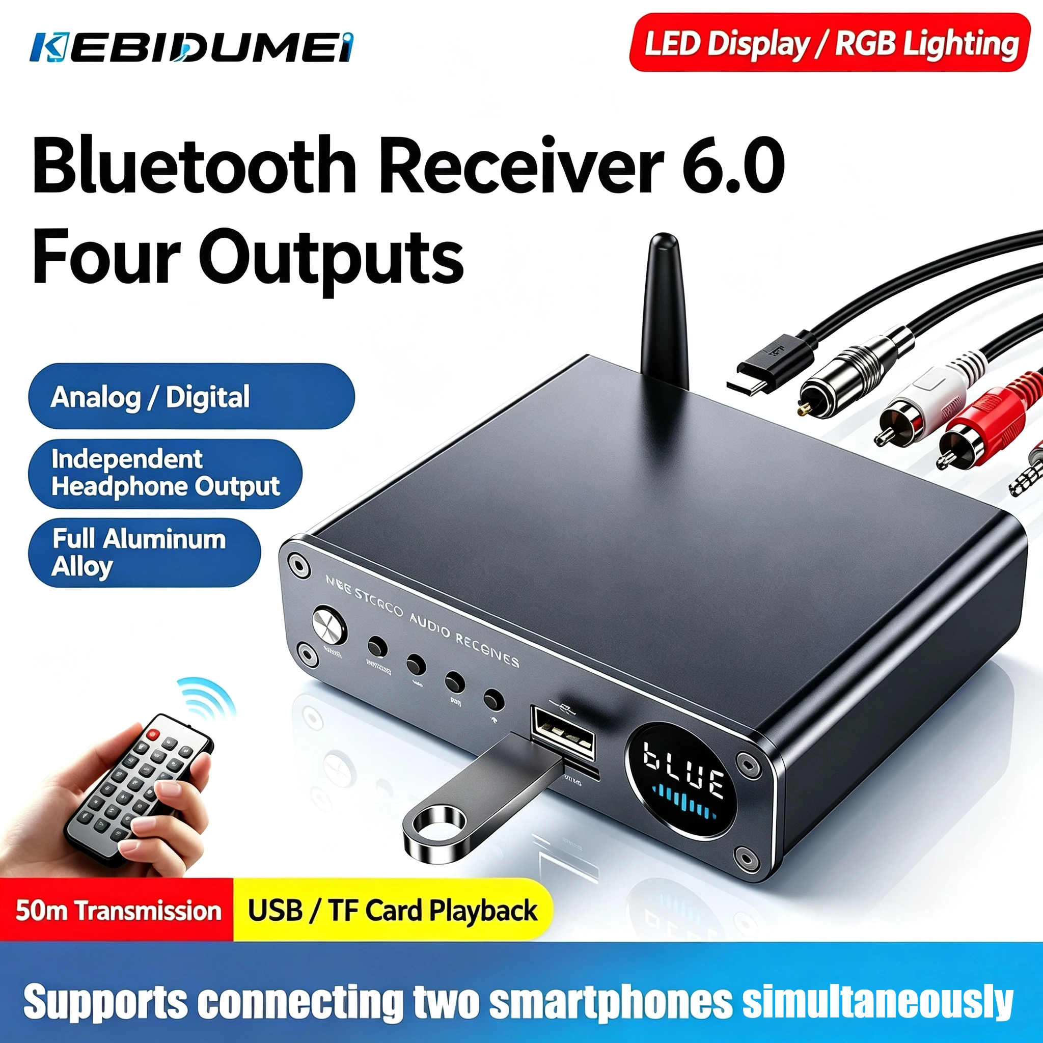 KEBIDUMEI Bluetooth 6.0 Audio Receiver AUX 3.5mm RCA Stereo TF/U-Disk Wireless Audio Adapter With Remote Control For TV Car Kit